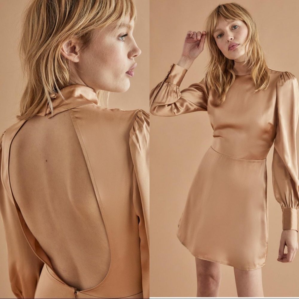 Reformation Satin Mini Dress in Champagne Tan